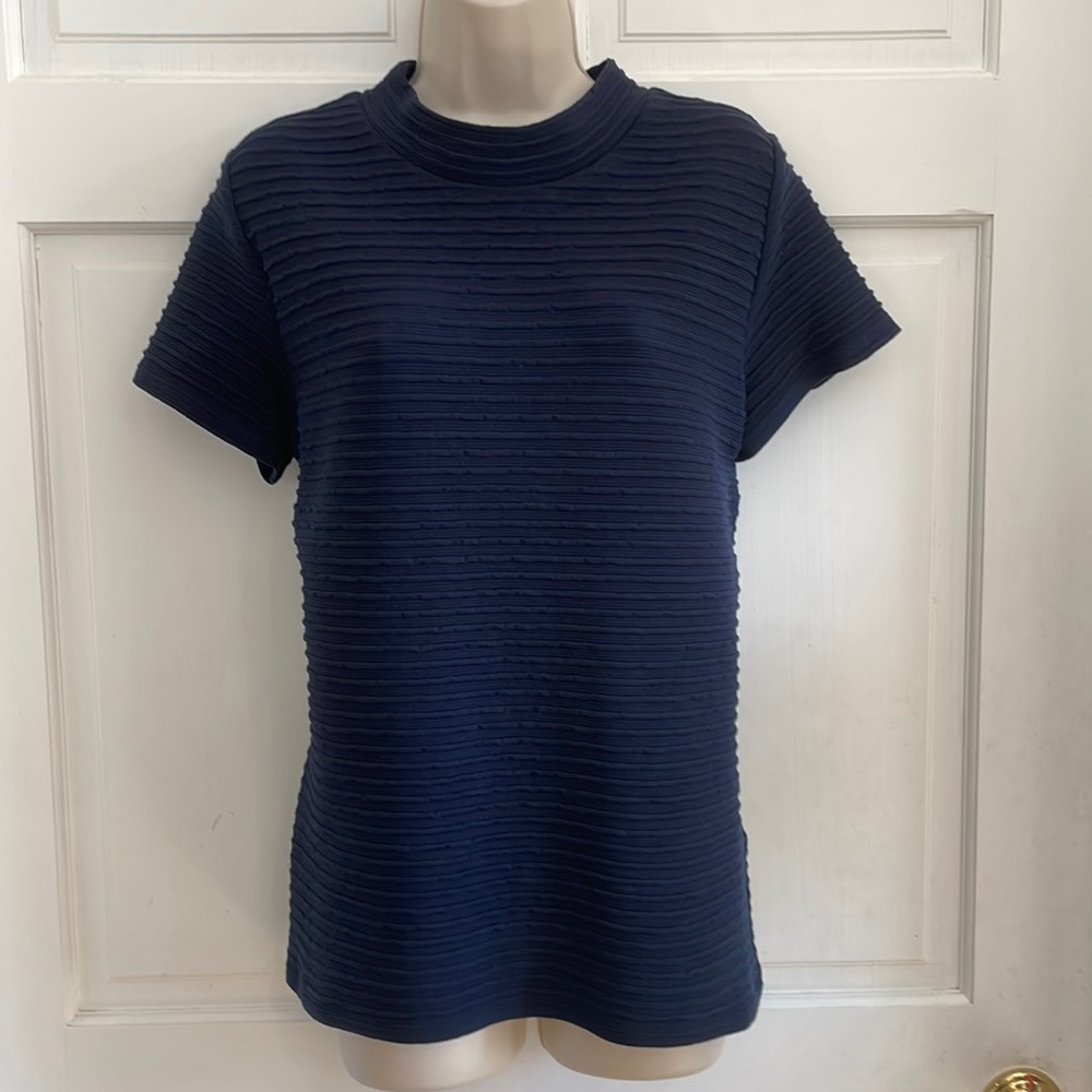 Sara Campbell cap sleeve textured stripe mock neck navy top. Large. NWT